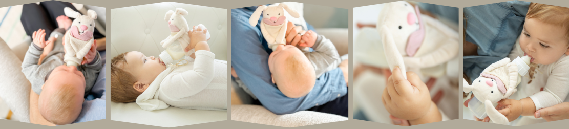 Happy babies using Bottimals Bottle-Loveys for a calm, stress-free breast-to-bottle feeding transition