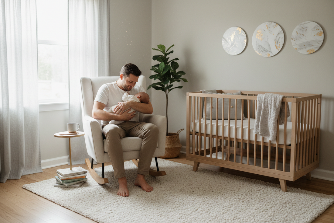 Dad rocking baby in nursery