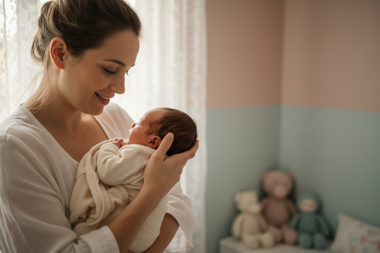 Mom holding her newborn baby in a nursery setting.