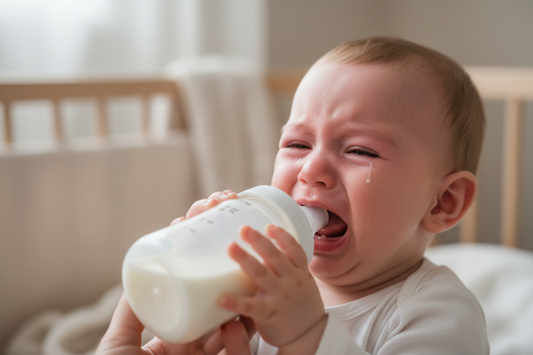 Baby crying drinking milk from a bottle.
