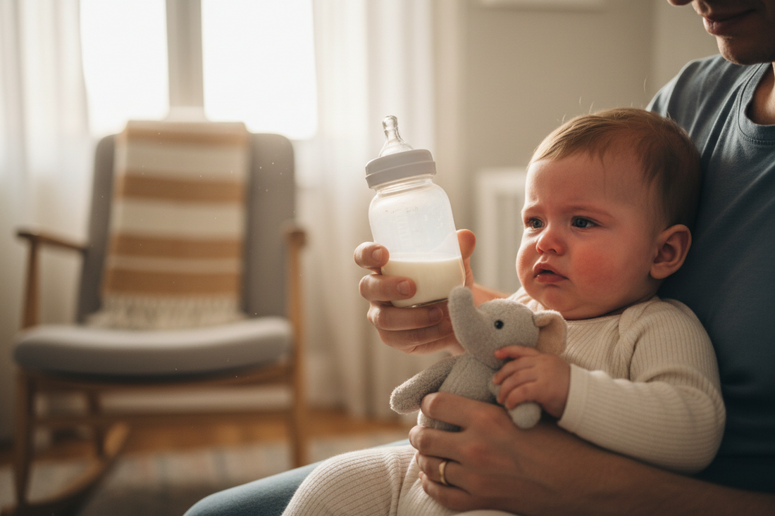 Frustrated baby with a bottle holding an elephant lovey.