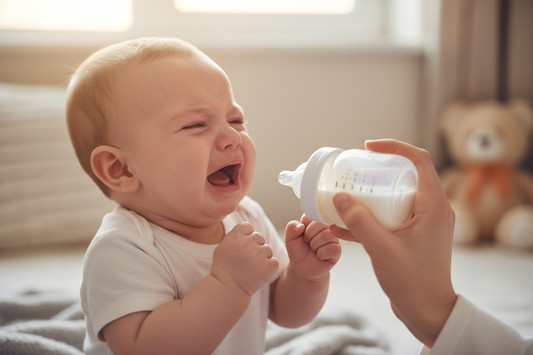 Baby crying while being offered a bottle.