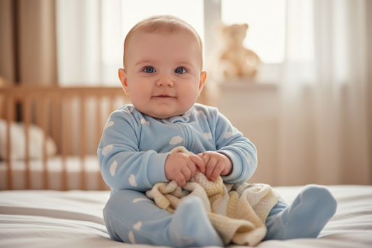 baby sitting up dressed in footed pajamas.
