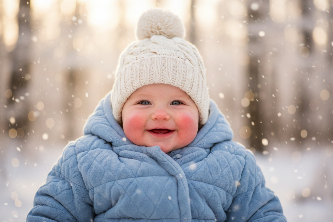 Smiling baby outside during wintertime while snowing.