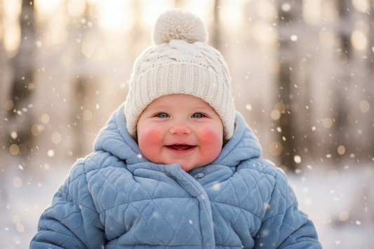 Smiling baby outside during wintertime while snowing.