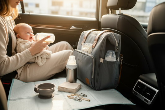 Mom bottle feeding baby in a car with baby supplies.