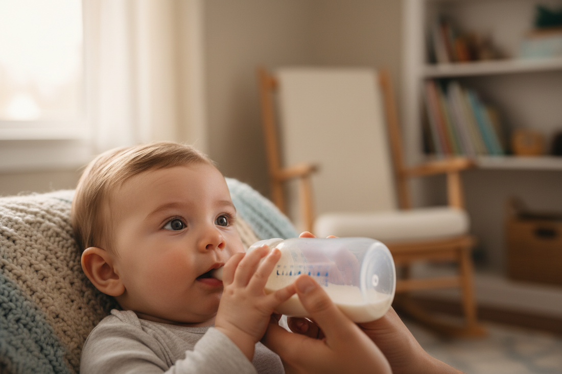 Baby drinking from a bottle.