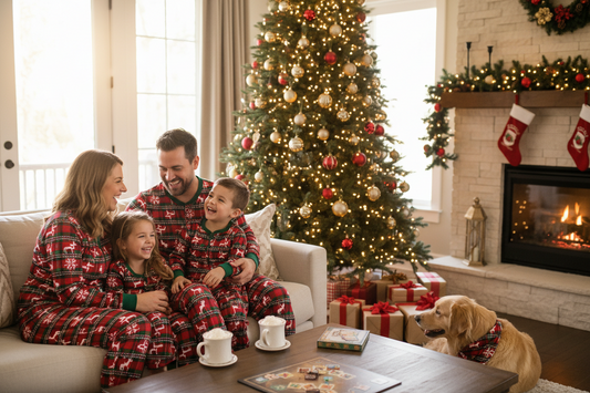 Family in matching pajamas by the Christmas tree and fireplace.