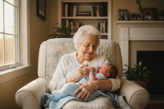 Grandma feeding a baby a bottle while sitting in a rocking chair.