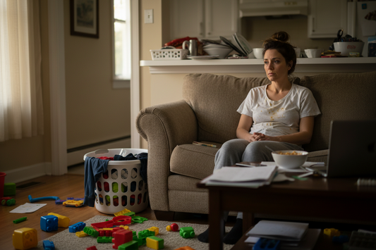 Mom sitting with a pile of laundry and unorganized toys on the floor, looking stressed out.
