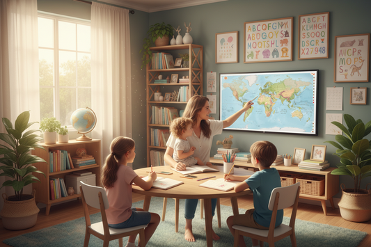 Mom teaching her three young kids in a home classroom.
