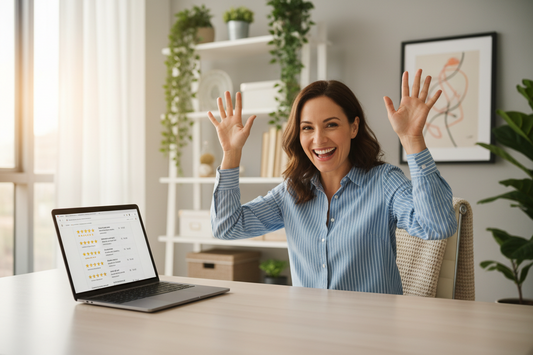 Mom celebrating positive business reviews