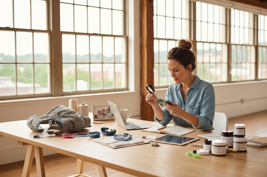 Mom working at a table with a computer and other miscellaneous items.