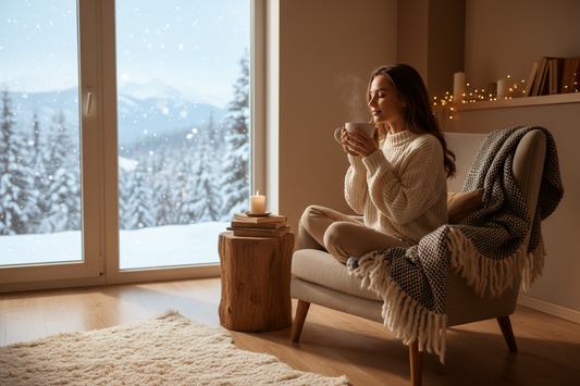 Mom drinking hot tea in a chair while it's wintertime and snow is on the ground.