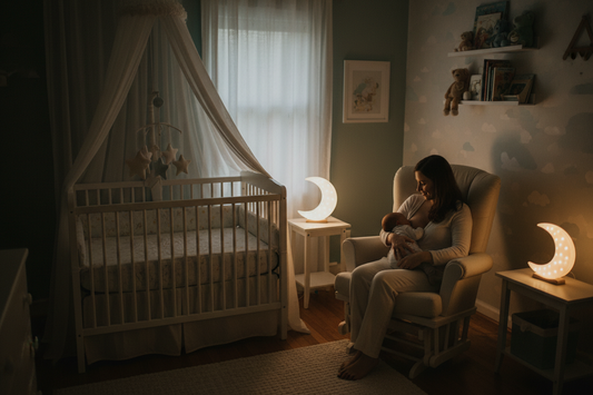 Mom in the middle of the night nursing her baby in the nursery.