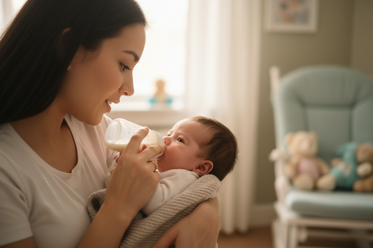 Mom singing to baby while feeding a bottle.