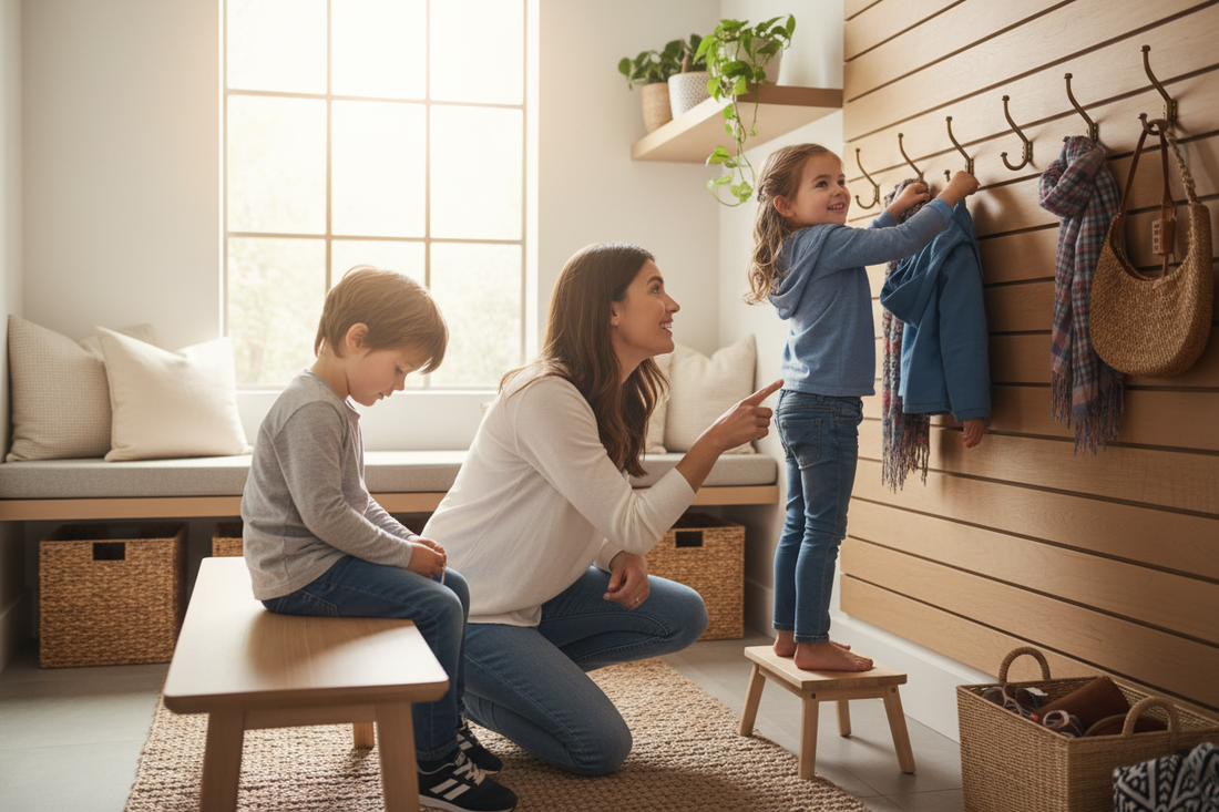 Youn girl hanging up her jacket with mom and brother behind her.