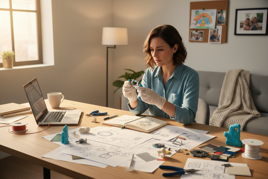 Woman sitting at a desk working on inventing a product.