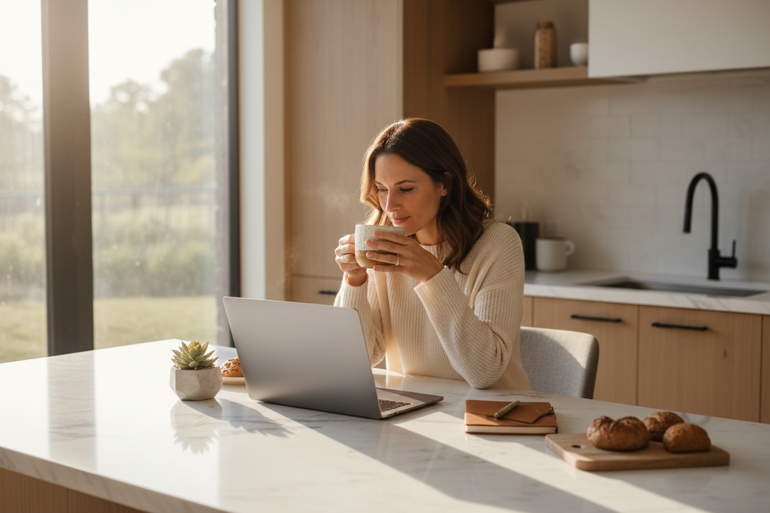 Mom drinking coffee working in the early morning.