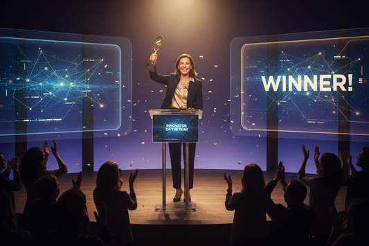 Woman winning a pitch competition for product innovations.