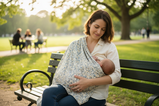 Mom nursing a baby in a park while sitting on a bench.
