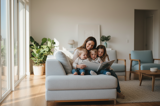 Mom reading to her three young children.