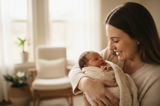 Mom smiling looking at her newborn baby with a serene background.