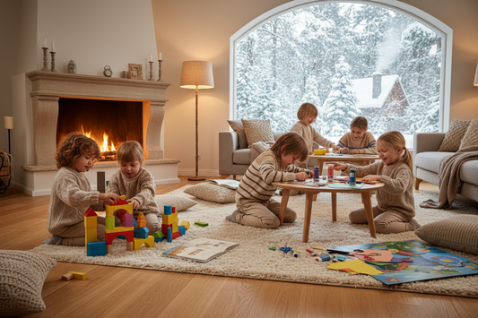 Kids playing indoors during wintertime with a cozy fire in the background.