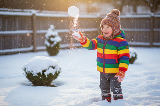 Toddler playing in snow throwing a snowball.
